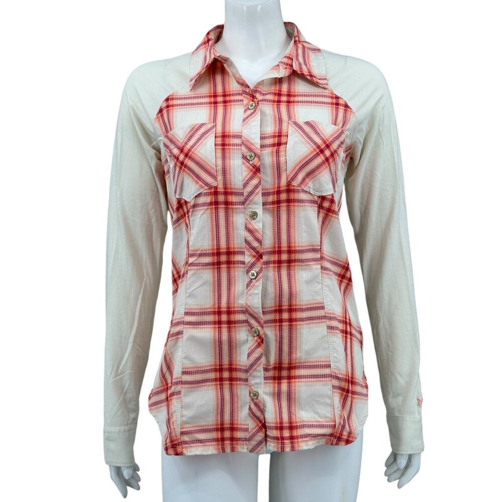 Marmot Top Womens Medium Cream Orange‎ Plaid Button Up Country Fall Lightweight